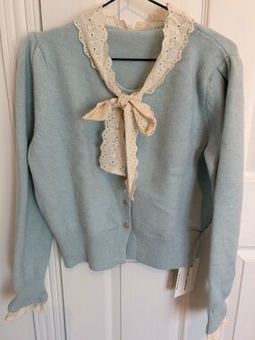 Pale Blue Coquette Cardigan Sweater NWT Heart Buttons Eyelet Lace Bow Detail